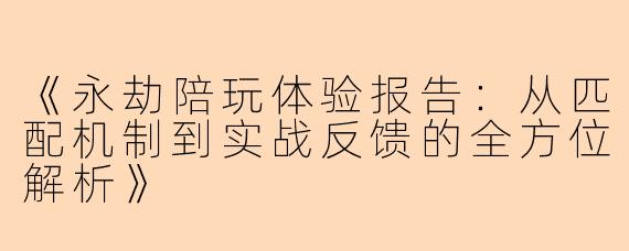 《永劫陪玩体验报告：从匹配机制到实战反馈的全方位解析》
