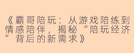 《霸哥陪玩：从游戏陪练到情感陪伴，揭秘“陪玩经济”背后的新需求》